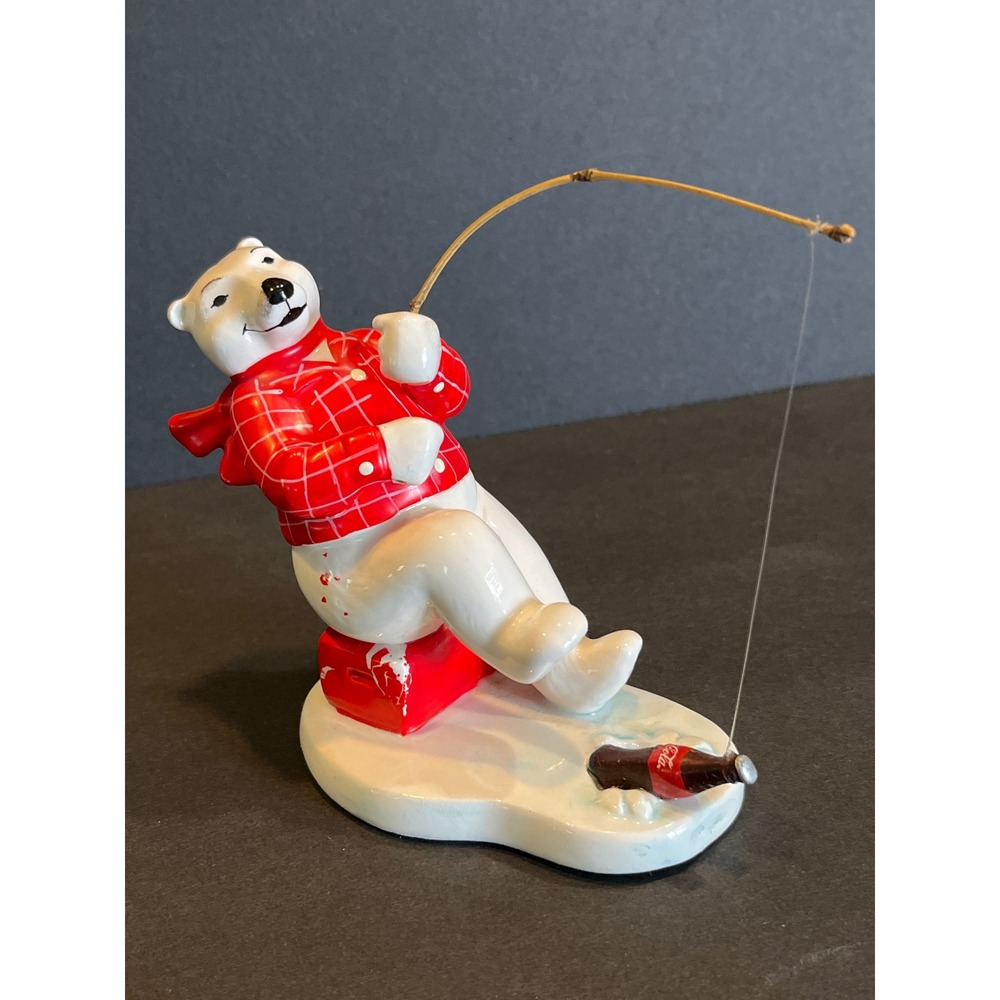 Vntg 1995 Coca-Cola Polar Bear Fishing Figurine Enesco 157902L Red Plaid Shirt